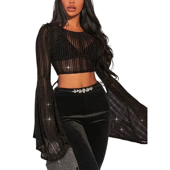 Verdusa Tops - Sexy Y2k Crop Black Sheer Mesh Glitter Bell Sleeve Top Blouse L Gothic Vampy
